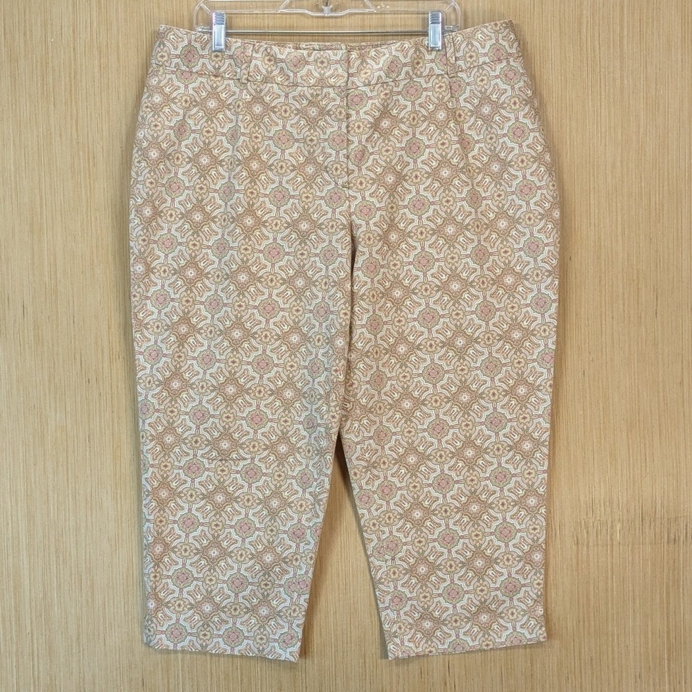Talbots Heritage Paisley Medallion Crop Pants Womens 16W Petite Pink Tan Cotton